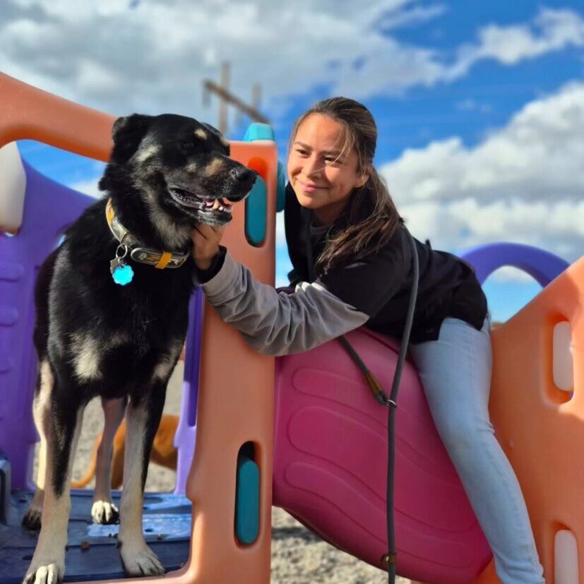 A woman happily poses with her dog on colorful playground equipment.